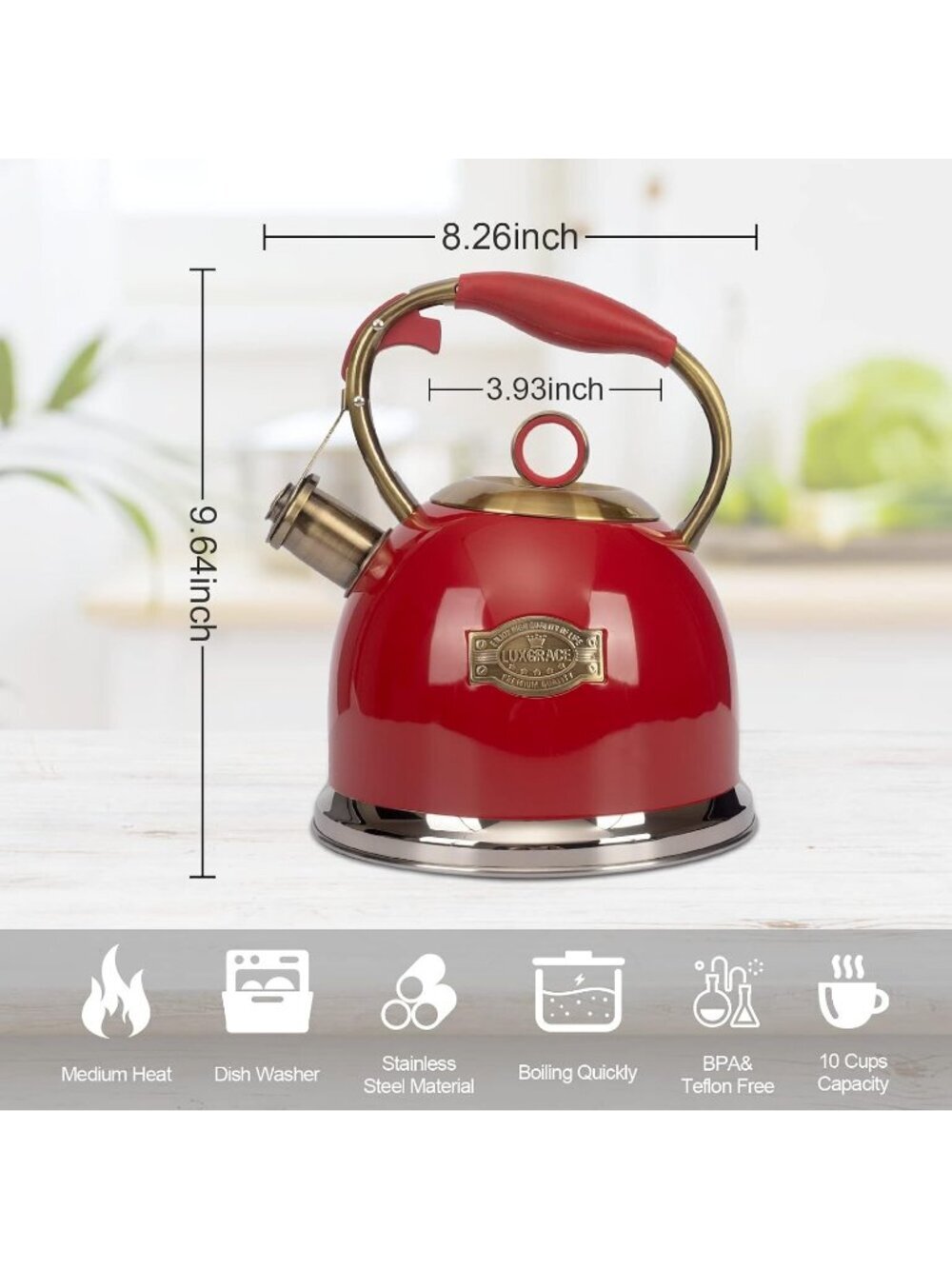 Red Whistling Stainless Steel Kitchen Tea Kettles 2.6 Quart Stovetop Induction - Picture 6 of 6